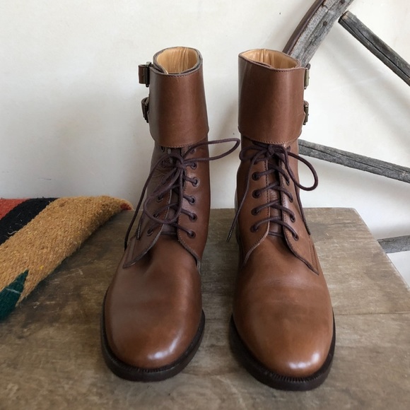 RALPH LAUREN Lt Brown Leather Doughboy Lace-Up Buckle Ankle Boots 10B Italy RARE - Picture 2 of 12